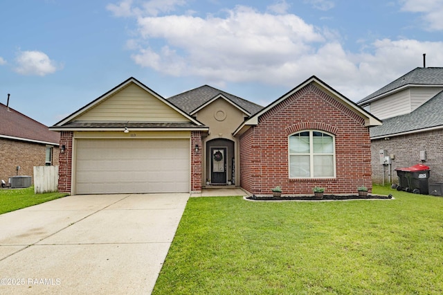 ranch-style house with an attached garage, central AC unit, a front yard, brick siding, and driveway