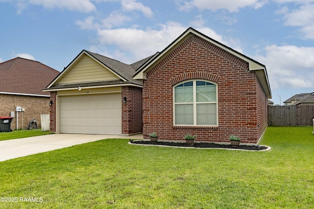ranch-style house featuring fence, brick siding, concrete driveway, a garage, and a front lawn