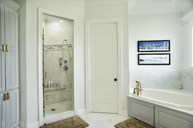full bath with marble finish flooring, a garden tub, a marble finish shower, crown molding, and baseboards
