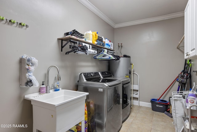 16634 W La Highway 330, Abbeville, LA 70510 - laundry area with separate washer and dryer, cabinet space, water heater, ornamental molding, and light tile patterned floors