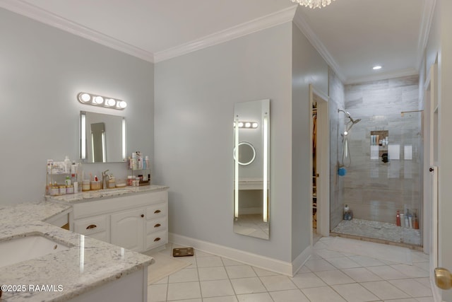 16634 W La Highway 330, Abbeville, LA 70510 - bathroom featuring ornamental molding, tile patterned floors, a stall shower, vanity, and baseboards