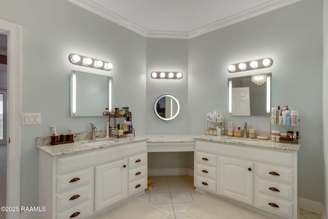 16634 W La Highway 330, Abbeville, LA 70510 - full bathroom with crown molding, tile patterned flooring, two vanities, and baseboards