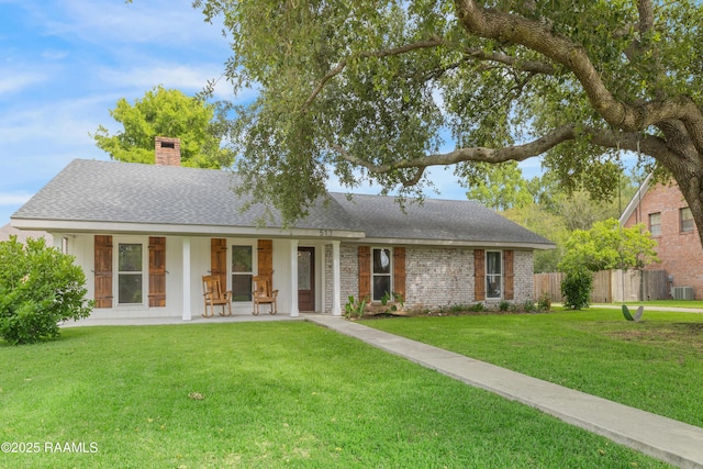 513 Emmeline St, New Iberia, LA 70563 - ranch-style house featuring a chimney, a shingled roof, covered porch, and cooling unit