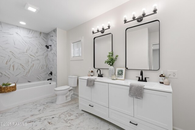 bathroom with toilet, double vanity, shower / tub combination, marble finish flooring, and baseboards