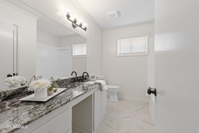 full bath with crown molding, toilet, marble look tile flooring, a shower, and vanity