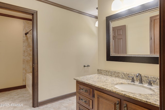 207 Beverly Dr, Lafayette, LA 70503 - bathroom with crown molding, vanity, baseboards, and washtub / shower combination