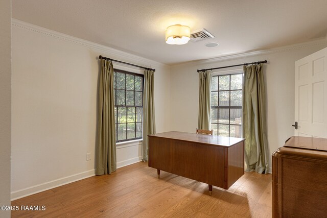 207 Beverly Dr, Lafayette, LA 70503 - home office featuring light wood-style flooring, ornamental molding, plenty of natural light, and baseboards