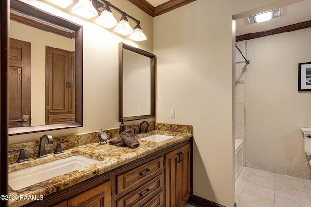 207 Beverly Dr, Lafayette, LA 70503 - bathroom with double vanity, toilet, shower / bathtub combination, ornamental molding, and tile patterned floors