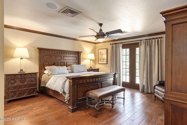 207 Beverly Dr, Lafayette, LA 70503 - bedroom with wood-type flooring, crown molding, access to outside, ceiling fan, and a textured ceiling