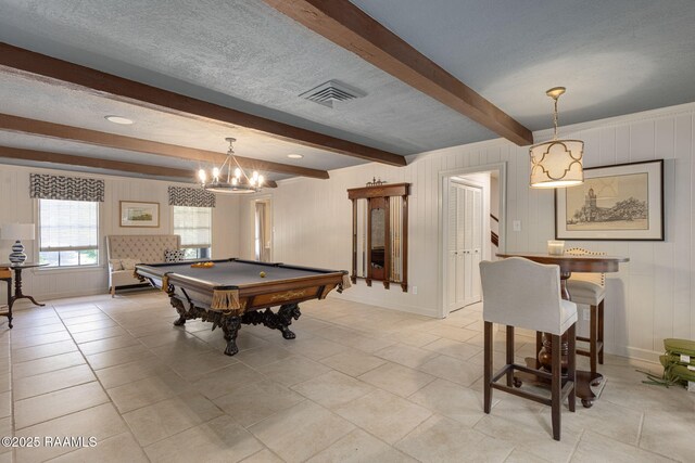 207 Beverly Dr, Lafayette, LA 70503 - rec room with billiards, beam ceiling, baseboards, light tile patterned floors, and a textured ceiling