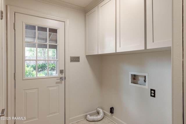 207 Beverly Dr, Lafayette, LA 70503 - laundry room with cabinet space, baseboards, hookup for a washing machine, ornamental molding, and electric dryer hookup