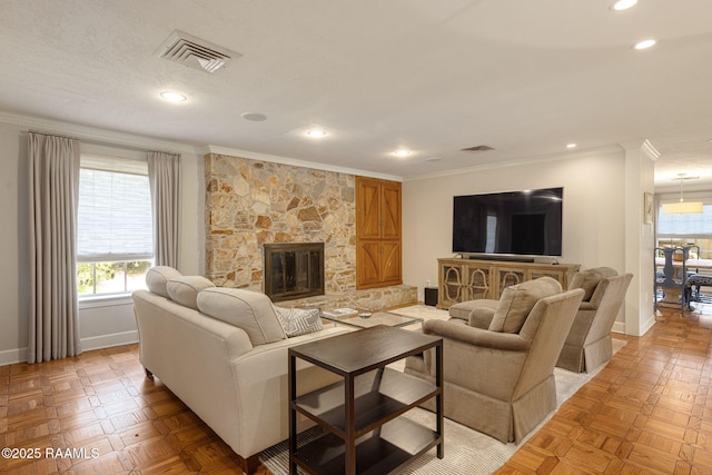 207 Beverly Dr, Lafayette, LA 70503 - living area featuring ornamental molding, baseboards, recessed lighting, and a stone fireplace
