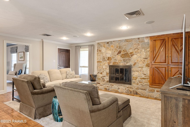 207 Beverly Dr, Lafayette, LA 70503 - living room featuring ornamental molding, a stone fireplace, baseboards, and recessed lighting