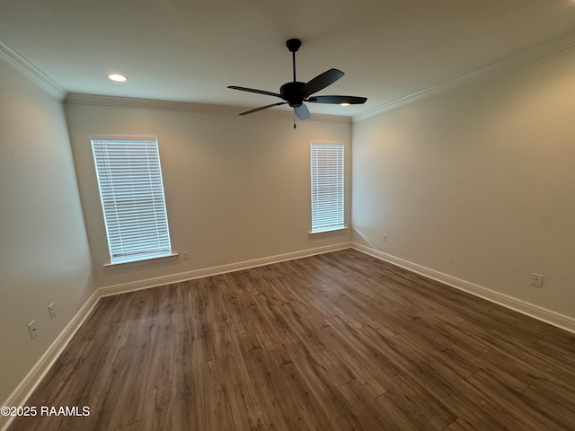 unfurnished room with dark wood-style floors, ceiling fan, baseboards, crown molding, and recessed lighting