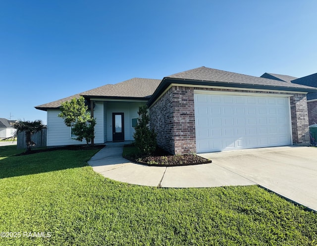 ranch-style home with a front lawn, driveway, a garage, and brick siding