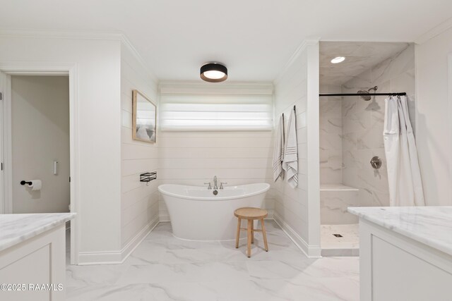 436 Brentwood Blvd, Lafayette, LA 70503 - full bath featuring marble finish floors, a marble finish shower, a soaking tub, ornamental molding, and vanity