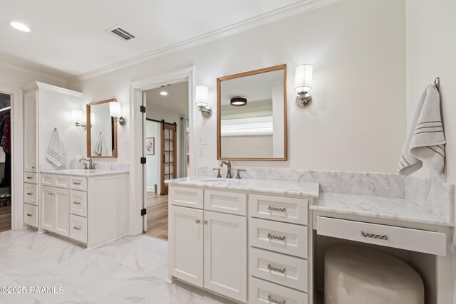 436 Brentwood Blvd, Lafayette, LA 70503 - bathroom with crown molding, vanity, marble finish flooring, and recessed lighting