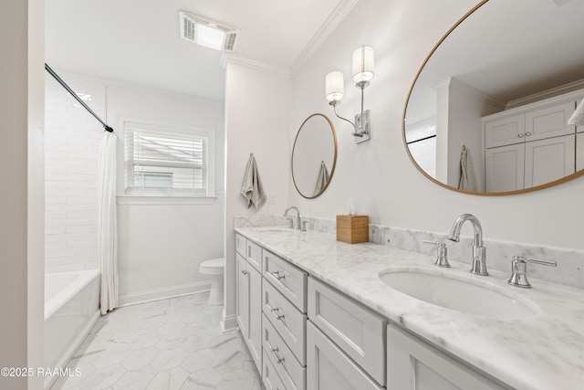 436 Brentwood Blvd, Lafayette, LA 70503 - bathroom featuring ornamental molding, toilet, double vanity, shower / bath combination with curtain, and baseboards