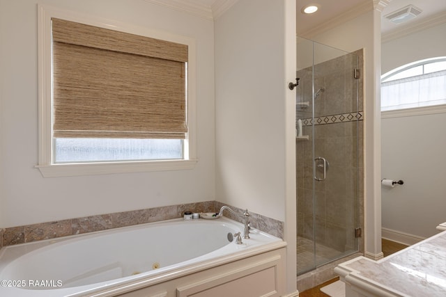 109 Barataria Bay, Lafayette, LA 70508 - bathroom featuring a shower stall, healthy amount of natural light, ornamental molding, and a jetted tub