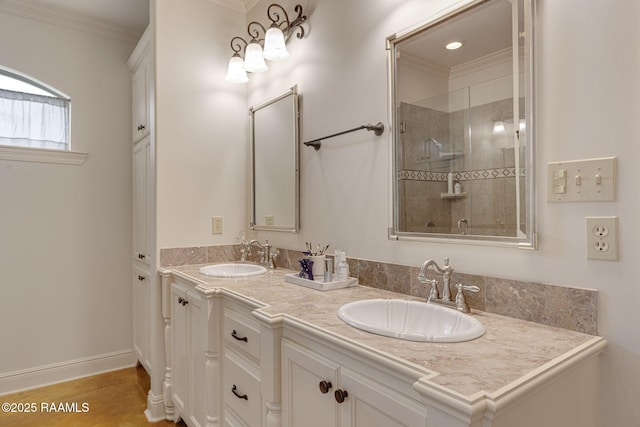 109 Barataria Bay, Lafayette, LA 70508 - bathroom with tiled shower, crown molding, double vanity, and baseboards