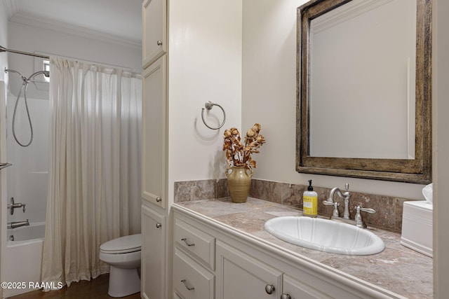 109 Barataria Bay, Lafayette, LA 70508 - bathroom with vanity, toilet, ornamental molding, and shower / bathtub combination with curtain