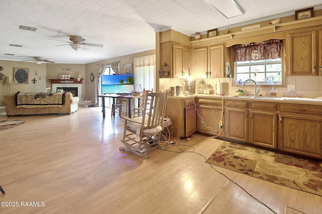 700 Guidry Rd, Lafayette, LA 70503 - kitchen with a ceiling fan, healthy amount of natural light, light countertops, a sink, and ornamental molding