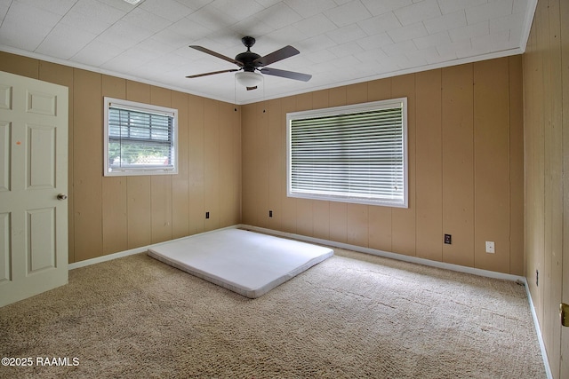 700 Guidry Rd, Lafayette, LA 70503 - empty room with carpet flooring, a ceiling fan, crown molding, baseboards, and wood walls