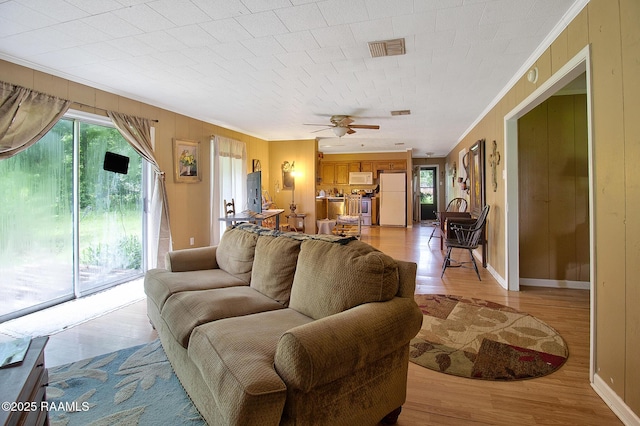 700 Guidry Rd, Lafayette, LA 70503 - living room with ornamental molding, ceiling fan, and light wood finished floors