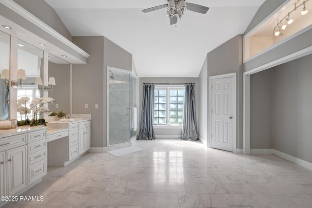 807 Cambridge Dr Res, Unit Res, Lafayette, LA 70503 - full bathroom featuring marble look tile flooring, vaulted ceiling, vanity, a stall shower, and a ceiling fan
