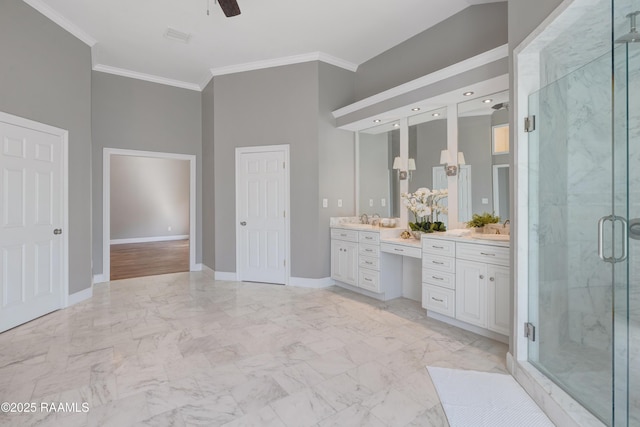 807 Cambridge Dr Res, Unit Res, Lafayette, LA 70503 - bathroom featuring vanity, a marble finish shower, ornamental molding, a ceiling fan, and marble finish floors