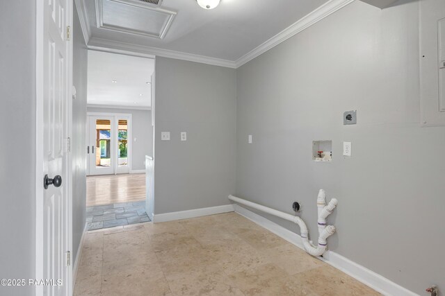 807 Cambridge Dr Res, Unit Res, Lafayette, LA 70503 - laundry room with washer hookup, electric dryer hookup, attic access, crown molding, and baseboards