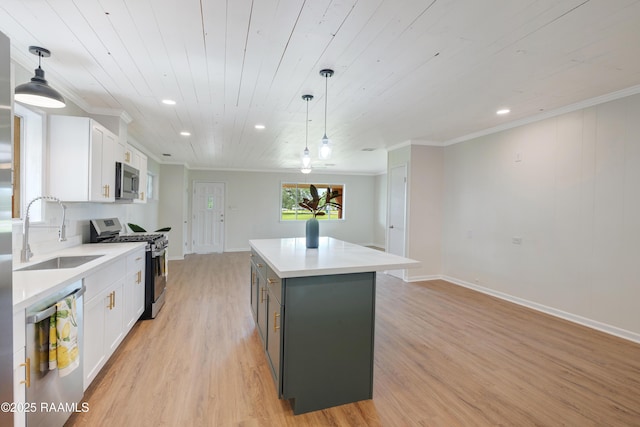 17639 Pelican Rd, Erath, LA 70533 - kitchen with stainless steel appliances, a sink, white cabinetry, light wood-style floors, and wooden ceiling