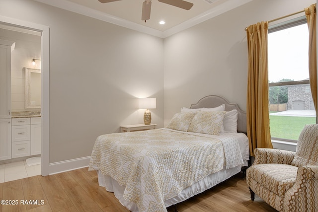 137 Grandview Terrace Dr, Youngsville, LA 70592 - bedroom featuring light wood-type flooring, ornamental molding, baseboards, recessed lighting, and ensuite bathroom