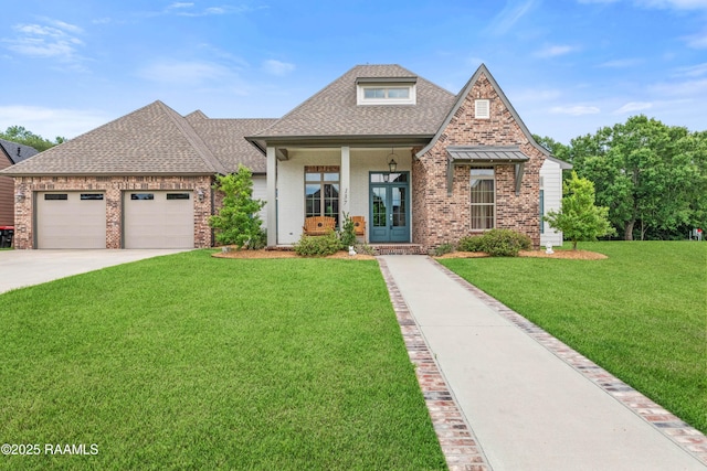 137 Grandview Terrace Dr, Youngsville, LA 70592 - view of front of house with a shingled roof, a front yard, an attached garage, driveway, and brick siding