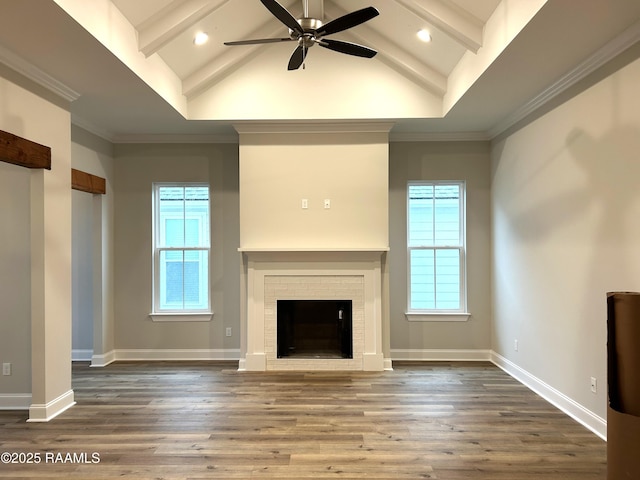 303 Bennington Ln, Youngsville, LA 70592 - unfurnished living room featuring a ceiling fan, wood finished floors, baseboards, a brick fireplace, and recessed lighting
