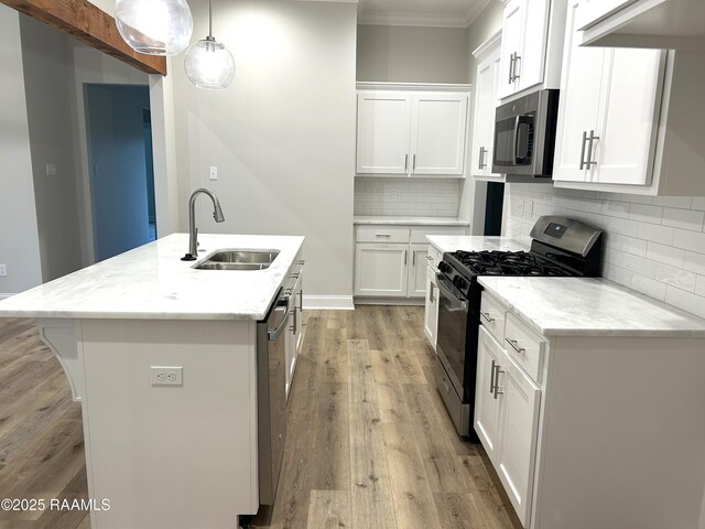 303 Bennington Ln, Youngsville, LA 70592 - kitchen featuring stainless steel appliances, a sink, ornamental molding, light wood finished floors, and decorative backsplash