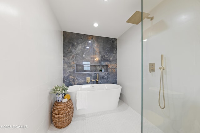 501 Brentwood Blvd, Lafayette, LA 70503 - full bath with walk in shower, tile walls, a freestanding tub, and recessed lighting