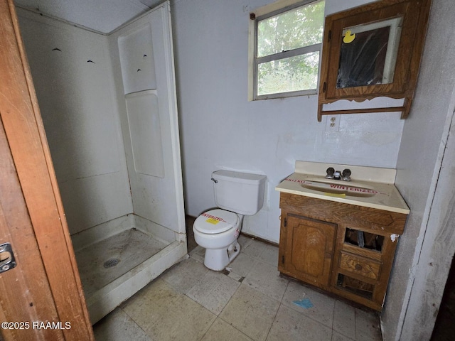 full bathroom featuring toilet, a stall shower, and vanity