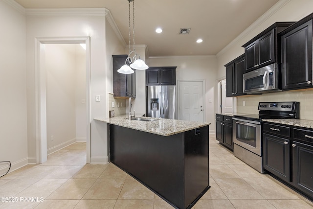 113 Gilmore Rd, Youngsville, LA 70592 - kitchen with stainless steel appliances, dark cabinets, ornamental molding, light tile patterned floors, and a peninsula