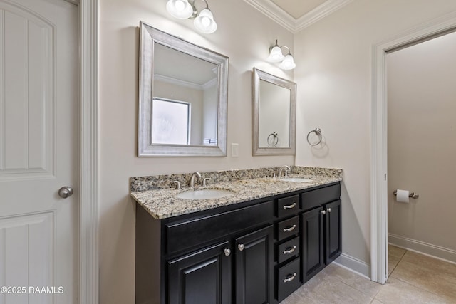 113 Gilmore Rd, Youngsville, LA 70592 - full bath featuring ornamental molding, double vanity, tile patterned floors, and baseboards