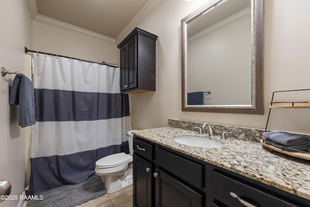 113 Gilmore Rd, Youngsville, LA 70592 - full bath featuring crown molding, vanity, tile patterned floors, toilet, and a shower with curtain