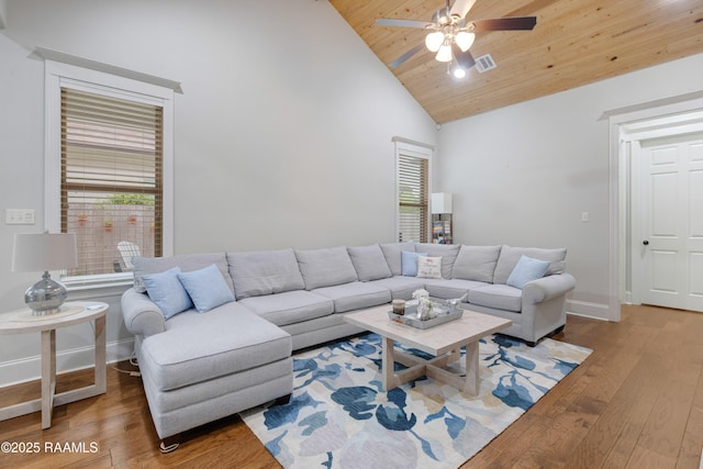 107 Harbor Walk Dr, Lafayette, LA 70508 - living area with ceiling fan, wood ceiling, wood-type flooring, high vaulted ceiling, and baseboards