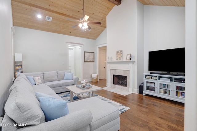 107 Harbor Walk Dr, Lafayette, LA 70508 - living room featuring wooden ceiling, a ceiling fan, a fireplace, wood finished floors, and baseboards