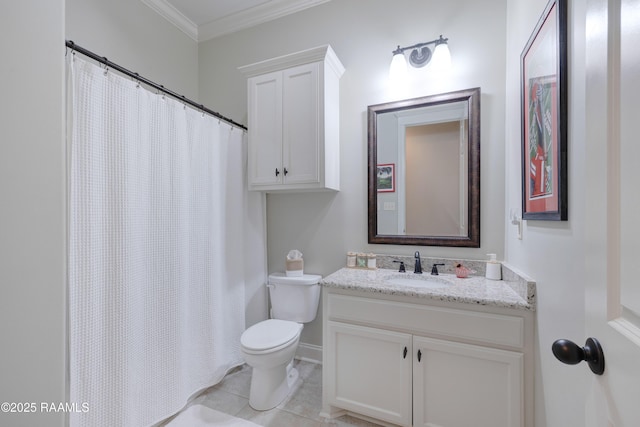 107 Harbor Walk Dr, Lafayette, LA 70508 - full bath with ornamental molding, toilet, vanity, tile patterned flooring, and curtained shower