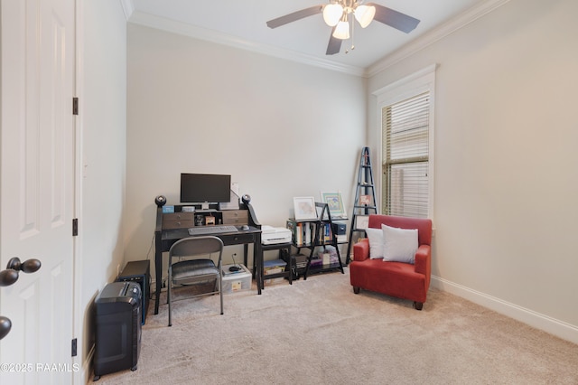 107 Harbor Walk Dr, Lafayette, LA 70508 - office space with a ceiling fan, crown molding, carpet flooring, and baseboards