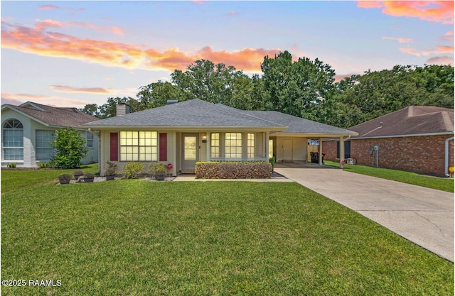211 Dartmoor Dr, Lafayette, LA 70506 - single story home featuring driveway, a front yard, a chimney, and a carport