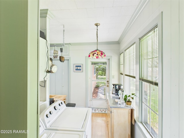 1635 Myrtle Pl, Lafayette, LA 70506 - washroom featuring independent washer and dryer, ornamental molding, and light wood finished floors