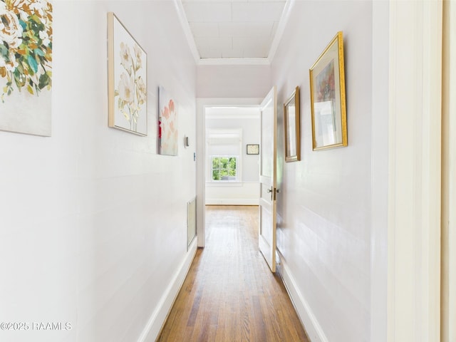 1635 Myrtle Pl, Lafayette, LA 70506 - corridor with crown molding, wood finished floors, baseboards, and attic access