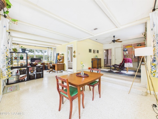 1635 Myrtle Pl, Lafayette, LA 70506 - dining room with a ceiling fan, beam ceiling, and speckled floor