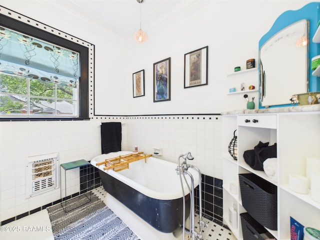 1635 Myrtle Pl, Lafayette, LA 70506 - full bathroom featuring tile walls, a soaking tub, crown molding, and tile patterned floors